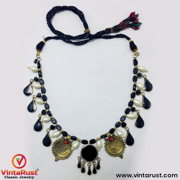 Choker Necklace With Stones Pearls and Coins, Ethnic Handmade Choker Necklace - Picture 4 of 8
